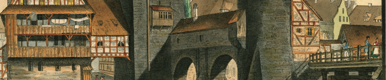 Aquarellzeichnung des mittelalterlichen Gebäudeensembles mit Henkerhaus in der Mitte, daneben Fachwerkhäuser, eine bebaute Steinbrücke über die Pegnitz und ein Holzsteg mit Passanten in historischer Kleidung