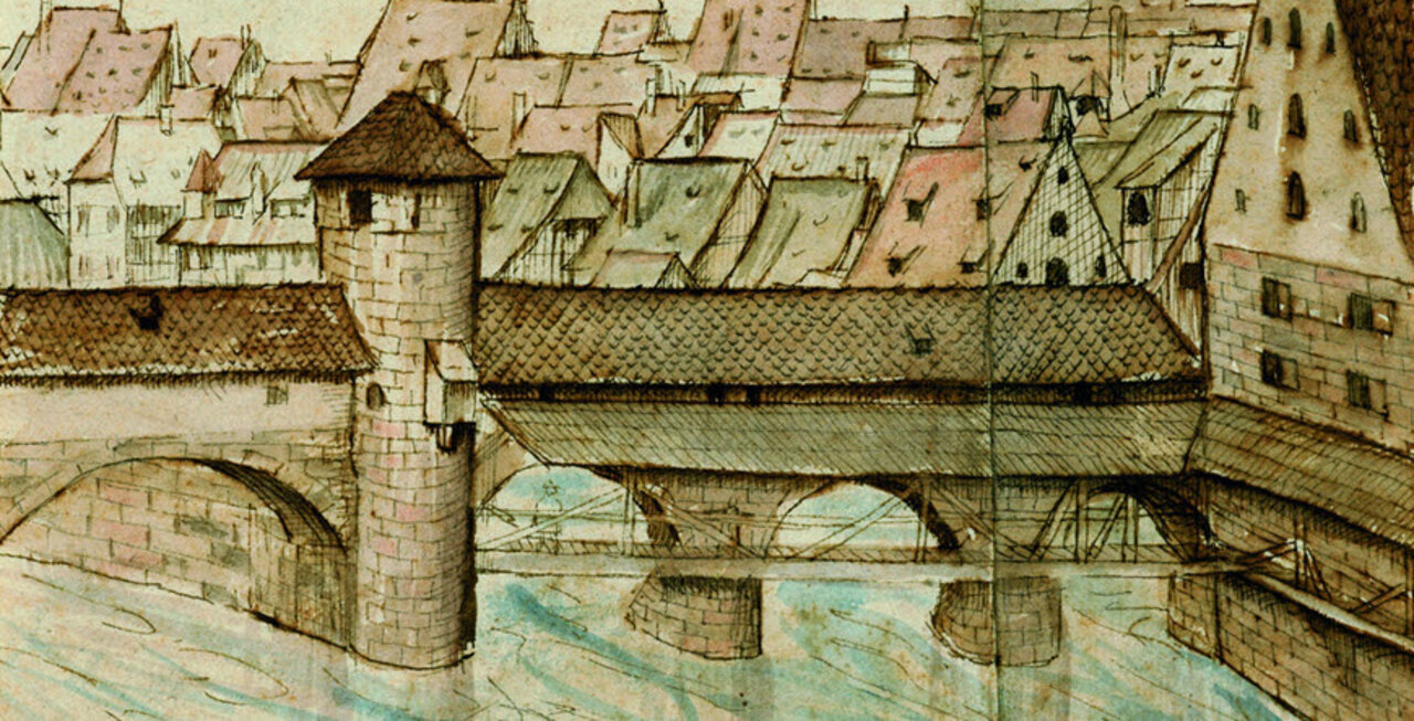 Kolorierter Stich vom Henkerhaus und der bebauten Steinbrücke über die Pegnitz