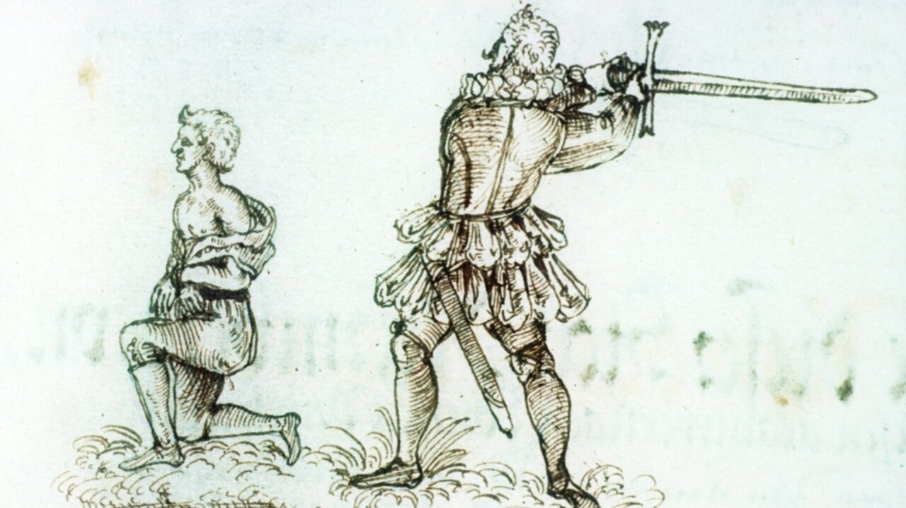 Eine Zeichnung aus dem Malefizbuch aus dem Jahr 1591 zeigt den Nürnberger Scharfrichter Franz Schmidt bei der Hinrichtung eines Diebes.