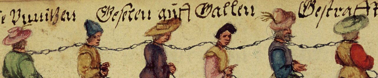 Historische kolorierte Zeichnung von Gefangenen, die mittels Ringe um den Hals und Ketten miteinander verbunden sind, die Hände gefesselt, am oberen Bildrand Tuscheschrift